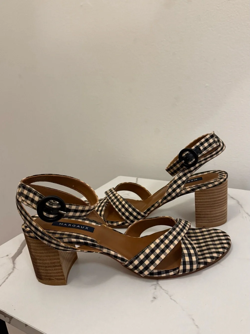 Margaux Black & Cream Gingham Block Heel Sandals